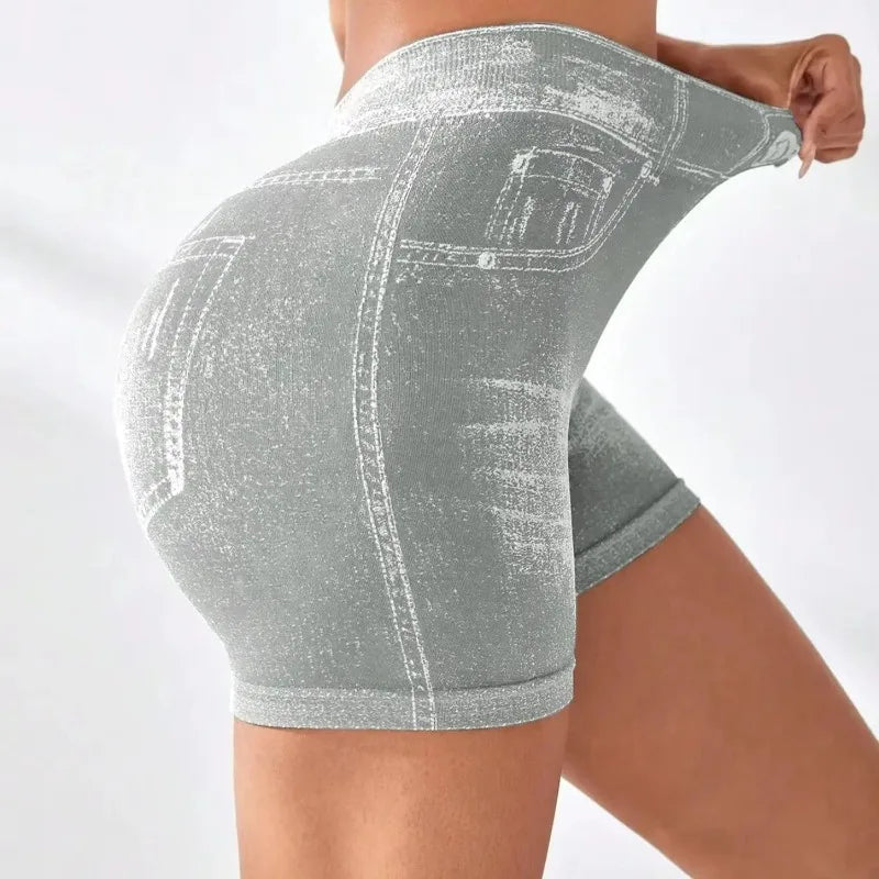 Women Seamless V Back Shorts Faux Jeans Elastic Yoga Pants Butt Lifting Leggins Fitness Athletic Workout Sports Short Tights
