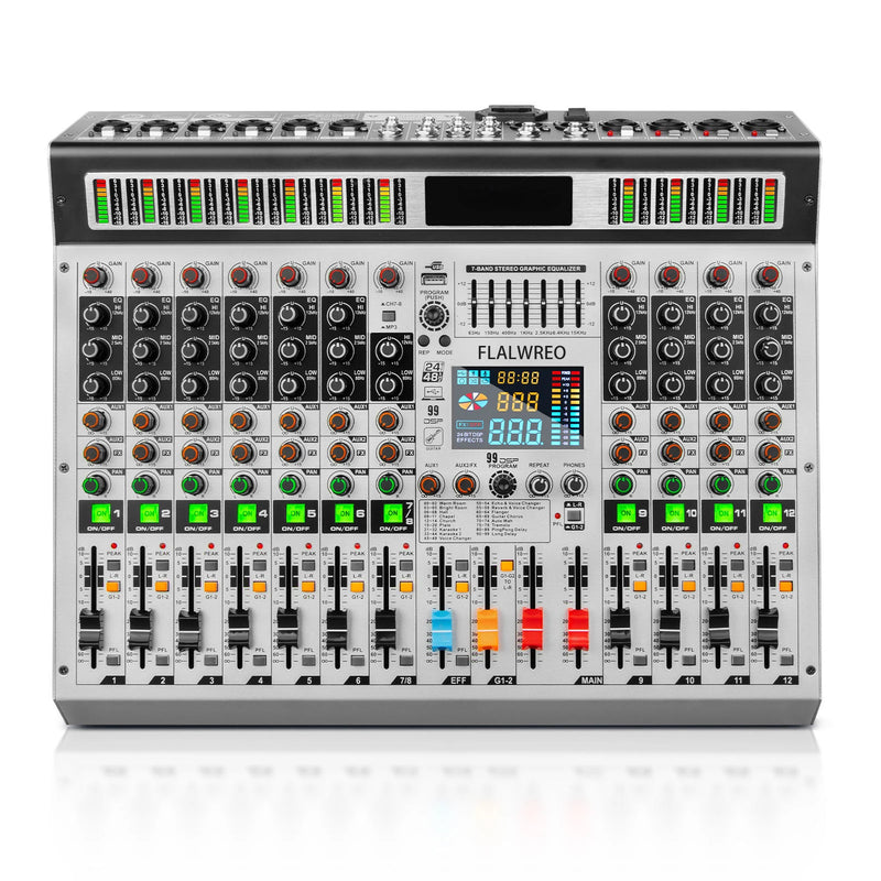 FLALWREO 8 / 12Channel Audio Interfacer DJ Mixer Sound Board 99-Bit DSP Effect USB Audio Mixer Effects +48V Phantom Bluetooth fo