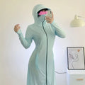 Women Sexy See Through Blue Cover-Ups Full Body Sun Protection Summer Zipper Lingeries with Hats Outdoor Travel Sunscreen Cloth
