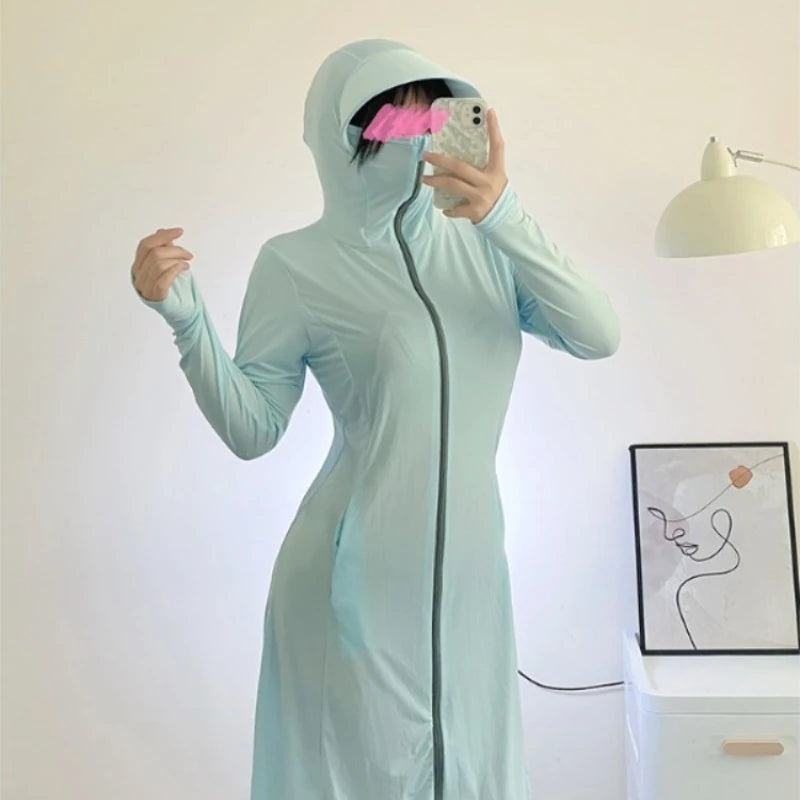 Women Sexy See Through Blue Cover-Ups Full Body Sun Protection Summer Zipper Lingeries with Hats Outdoor Travel Sunscreen Cloth