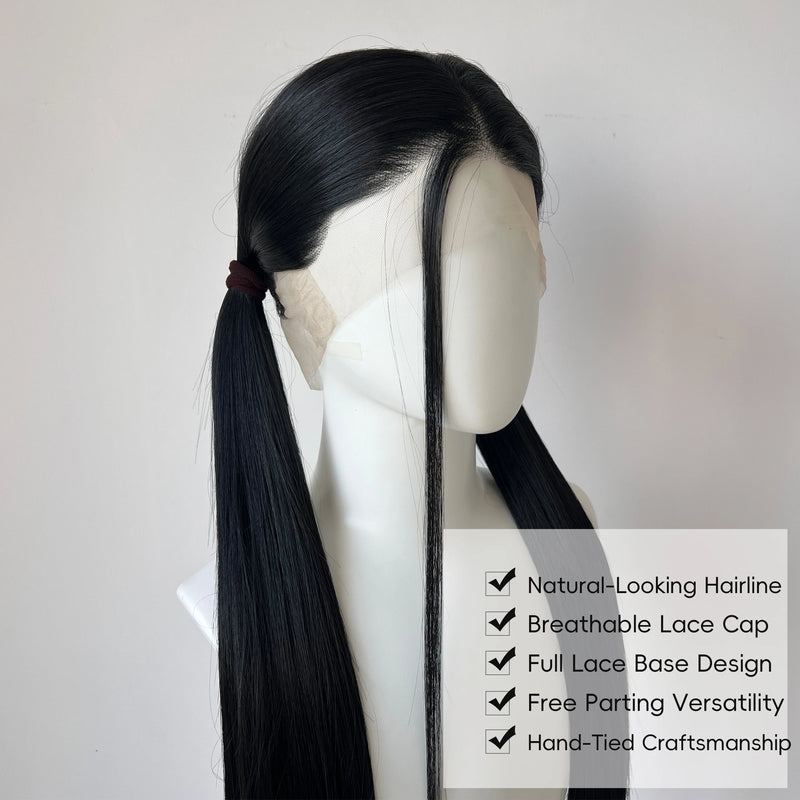 Full Lace Wig 28" Natural Black Synthetic Hair Off Black Glueless Cosplay Festival Party Wigs Unisex HandTied HeatResistant