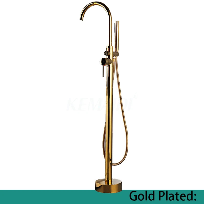 KEMAIDI Golden Plated Bathtub Filler Shower Roman Tub Faucet Set Free Standing Black Bath Shower Systerm Round Spout Mixer Tap