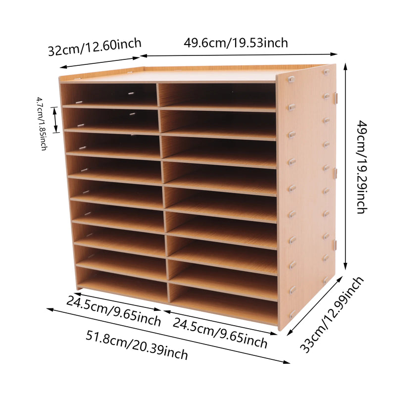 9-Tier 18 Compartments Golden Oak Wood File Literature Organizer Desk Floor Large Mailbox Center Keeper A4 Document Book Magazine Storage Bookshelf Sturdy Load Bearing Easy Assembly Space Saving for Home Office School Classro