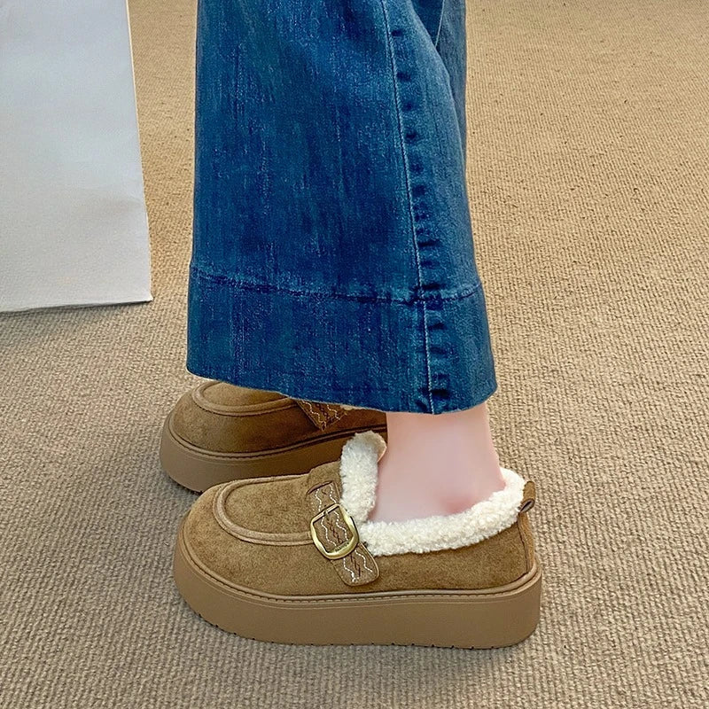 Winter Elegant Round Toe Sexy and Buckle Velvet Thick Soled Casual Shoes  Fashionable and Popular New Comfortable Women's Shoes