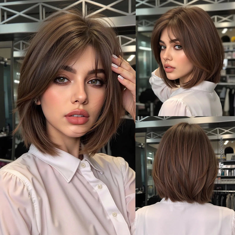 EASIHAIR Short Straight Bob Hair Synthetic Wigs for Women Brown Straight Natural Wigs with Eight Character Bangs Daily Cosplay