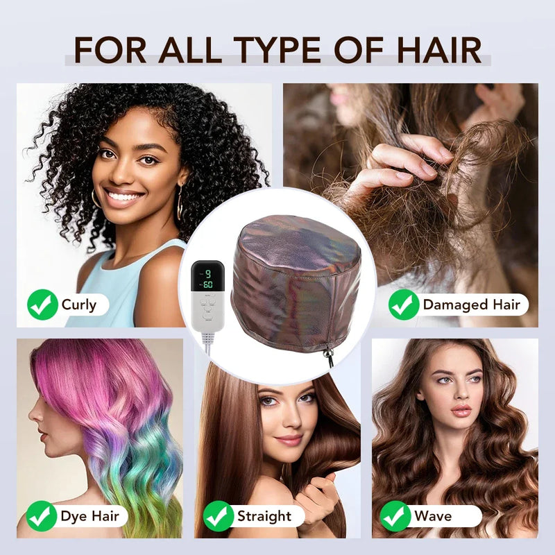 9 Temp 5 Timer PU Leather Hair Steamer Cap Waterproof Thermal Heat Cap for Home Hair Care Styling Tools Hair Care Spa Hat
