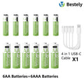 1.5V AA 13600mAh + AAA 6800mAh Rechargeable Lithium Battery Set with USB-C Fast Charging Type C Cable