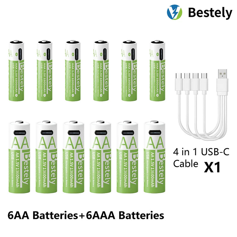 1.5V AA 13600mAh + AAA 6800mAh Rechargeable Lithium Battery Set with USB-C Fast Charging Type C Cable