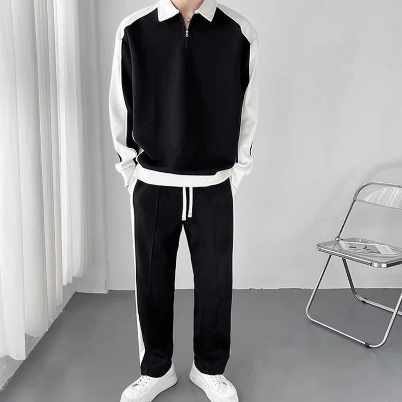 Spring Autumn Korean Fashion Patchwork Sweatshirt Elastic Casual Sweatpants Set Men Loose Comfortable Sporty - View 2 | SAMAG