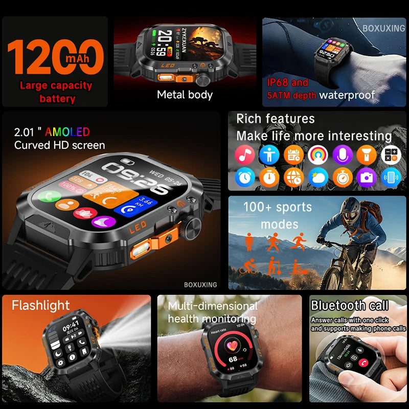 2026 New 1200 mAh Battery Military Smartwatch Men 5ATM Waterproof Fitness Tracker Health Heart Rate Smart Watch For iOS Android