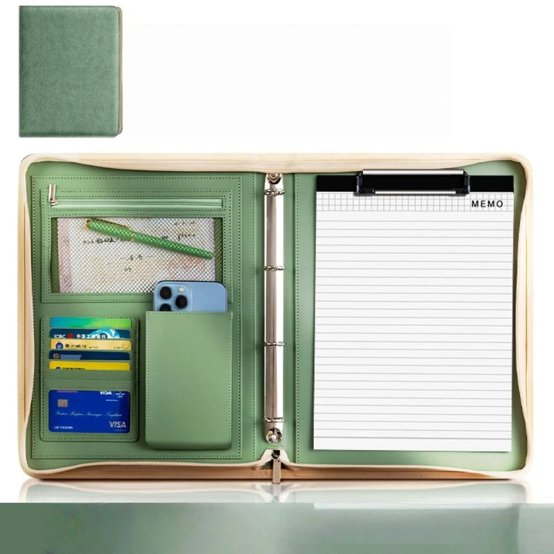 New A4 multi-function business zipper bag, 4-ring binder + writing pad + storage bag, pleated texture PU  leather cover