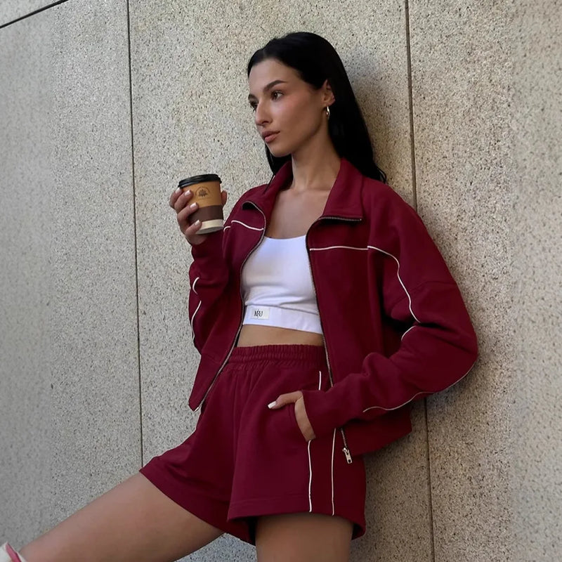 2026 Spring/Summer Casual Women's Stand up Collar Jacket Loose Shorts Long Sleeve Zipper Pocket Coat Fashion Sports Set