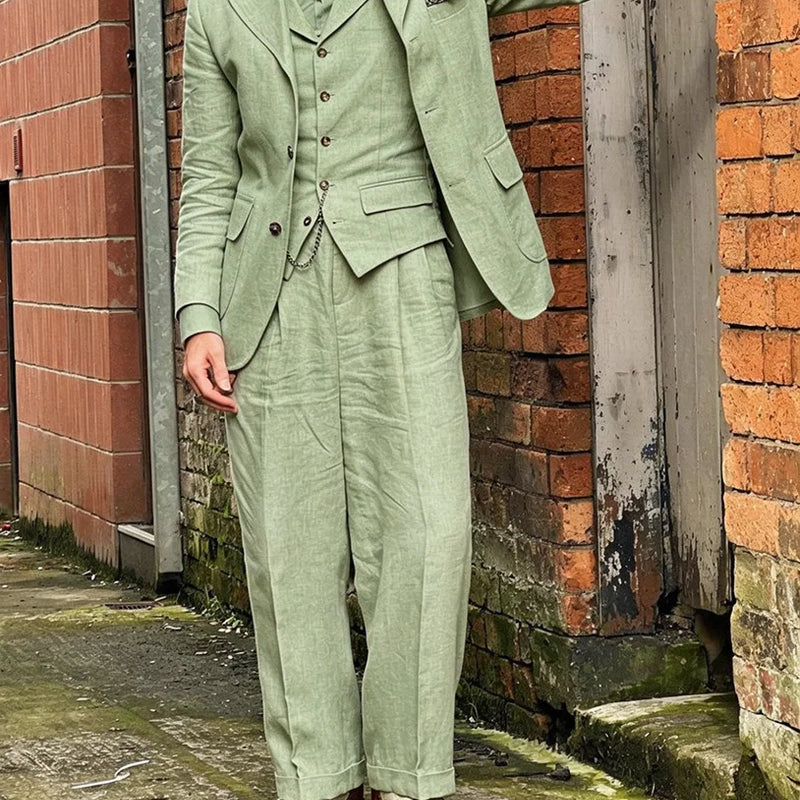 Beige Linen  Men Suits 3 Pieces Men Suits Lightweight Blazer Vest Pants Set Casual Summer Wedding Outfit