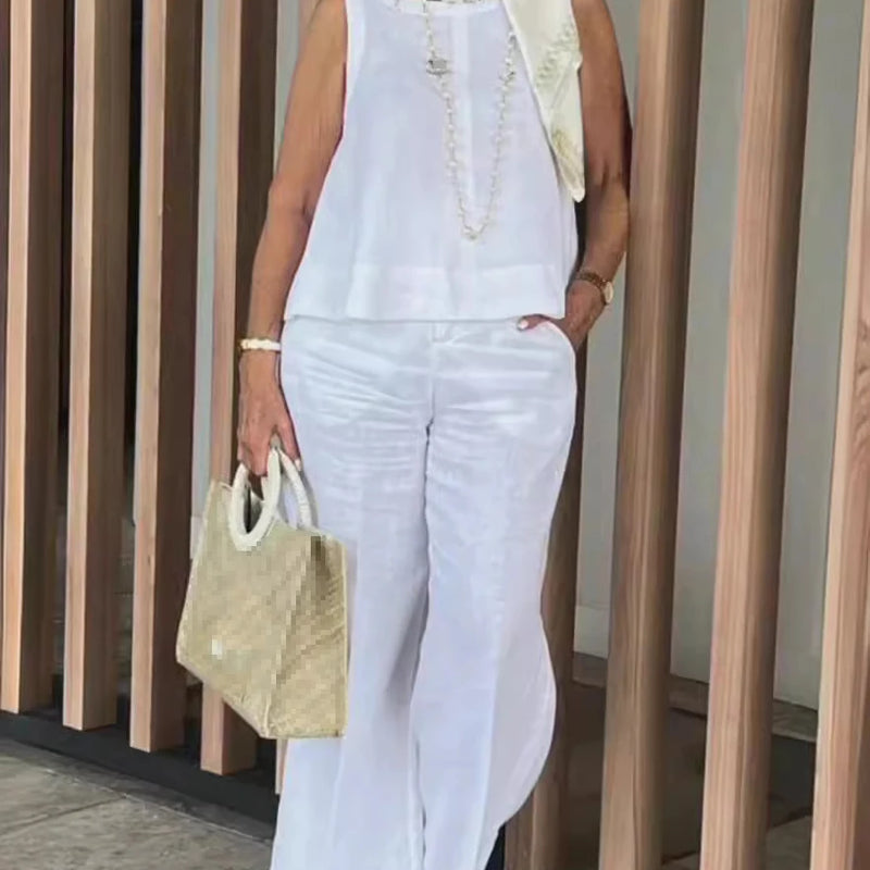 Simple Cotton Linen Women's Suits Summer Fashion Sleeveless Loose Blouse Wide Leg Pants Two Piece Set For Women Casual Outfits