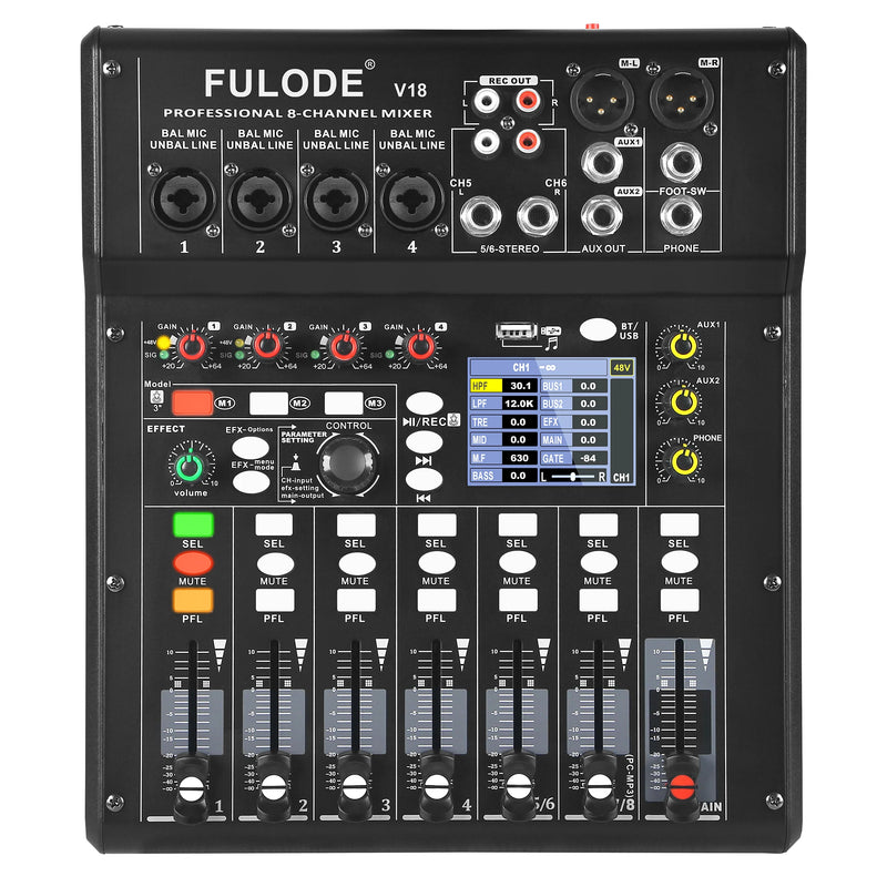 Fuluode 8-Channel Bluetooth Audio Mixer 4-Band EQ  Portable Sound Mixing Console USB Interface Live Recording Studio Karaoke