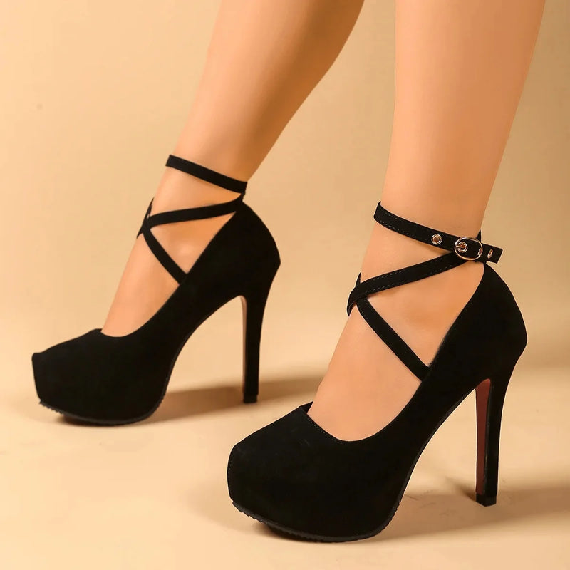 Fashionable Pointed Toe High Heels with Belt Buckle Thick Heel Women's Shoes Spring New Style Large Size Low Heel Single Shoes
