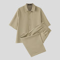 INCERUN Men's Sets Solid Lapel Short Sleeve Shirt Pants | SAMAG