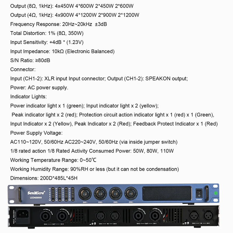 SenMicre LED450 4X450W 8Ohm Professional Digital Power Amplifier 4 Channel Sound Amplifier DJ Subwoofer AMP 4X1200W 4Ohm Class D