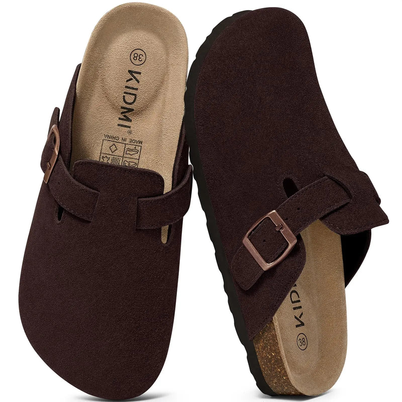 Comwarm Arch Support Unisex Clogs Slippers With Adjustable Metal Buckle Vegan Suede Mules Anti-slip Cork Footbed Potato Shoes