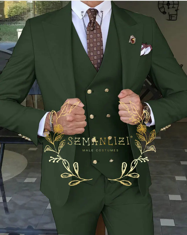 Beige Business Suits For Men Tuxedos Gold Buttons Groom Groomsman Prom Wedding Party Formal 3 Pieces Sets - View 5 | SAMAG