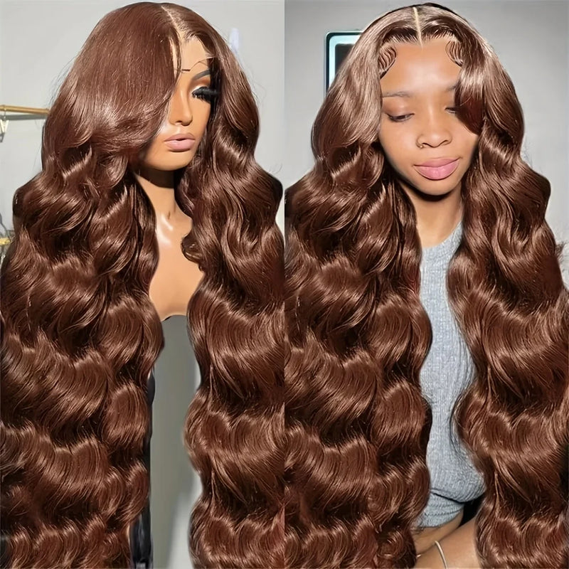 Chocolate Brown Body Wave Lace Front Wig Human Hair 220 Density Frontal Lace Wigs 30 Inch 13x6 HD Transparent Lace Human Wigs