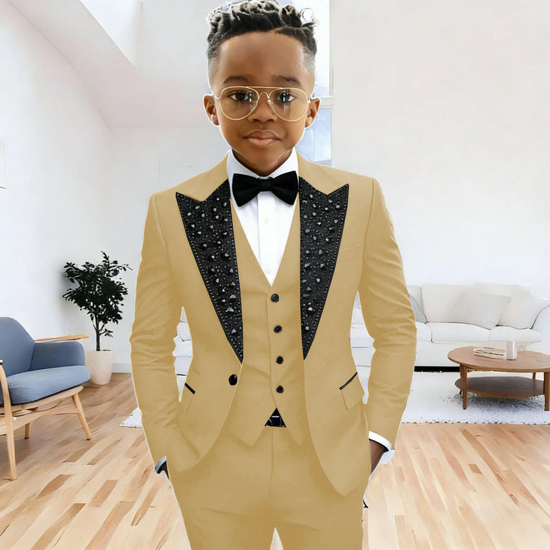Black Suit for Boys Evening Party Tuxedo Kids Wedding Beaded Crystals Suit 3 Piece Boy Suit Jacket Pants Vest Formal Prom Dress