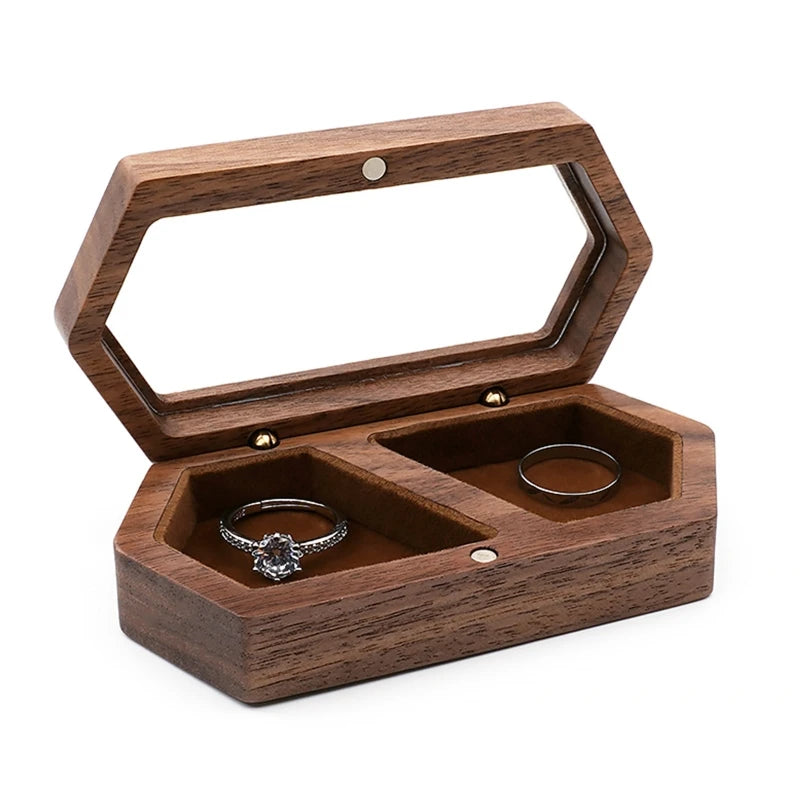 Jewelry Presentation Box Travel for Case Walnut Wood Engagement Ring Box Earring Stud Holder for Ceremony Wedding Propos
