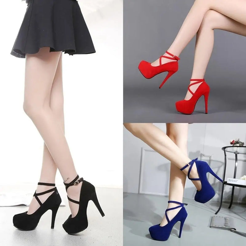 Women Pumps Sexy Cross Strap Stripper Pole Dance High Heels 14cm Shallow Round Toe Platform Stiletto Elegant Party Wedding Shoes