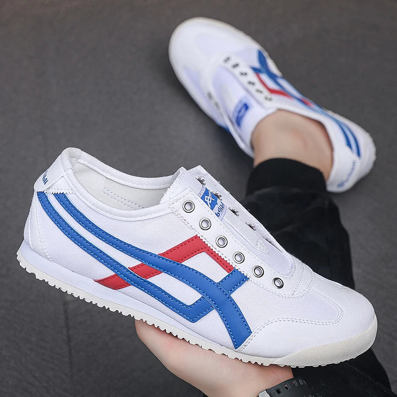 Men's Striped Canvas Sneakers Low Top Casual Walking Trainers with Extra Laces Flat Trainer Shoes Dual Wear Lace Up or Slip On