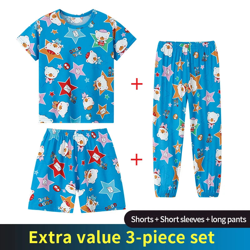 3-Piece Children's Fashion Printed Multicolor Home Service Suit Boy Casual T-shirt Girl Sweet Love Pattern Comfortable Shorts