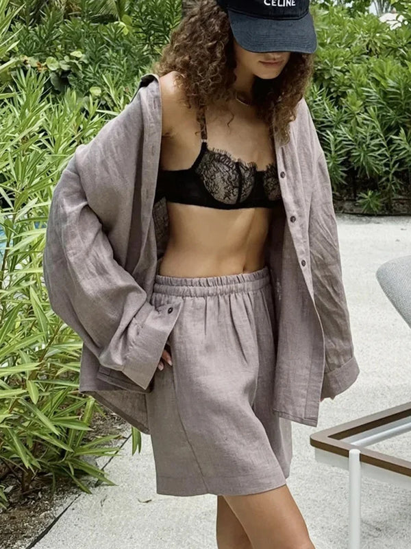 FSMG Fashion Solid Cotton Linen Shorts Set Casual Loose Buttons Long Sleeves Shirt  Elastic Waist Shorts Outfit Lady Chic Outfit