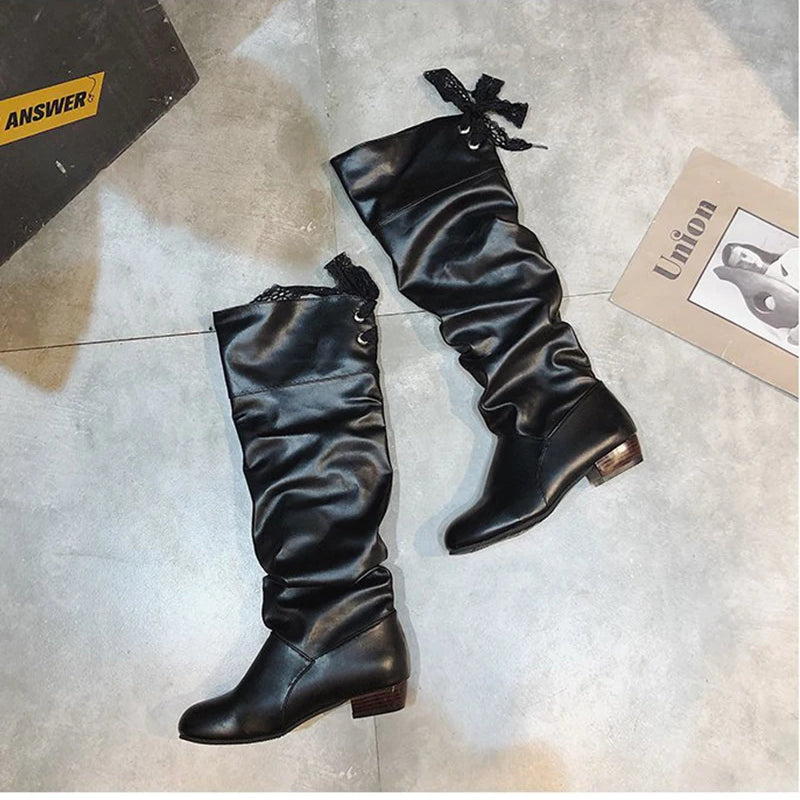 2023Shoes For Women  Knee High Boots Red Black White Tall Boots Woman Pleated Low Heel Casual Leather Female Long Shoes