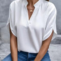 V Neck Short Sleeve Loose Blouse Women Casual Solid Color - View 2 | SAMAG