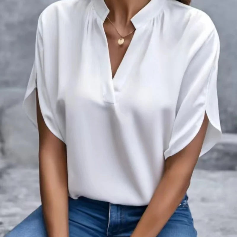 V Neck Short Sleeve Loose Blouse Women Casual Solid Color - View 2 | SAMAG