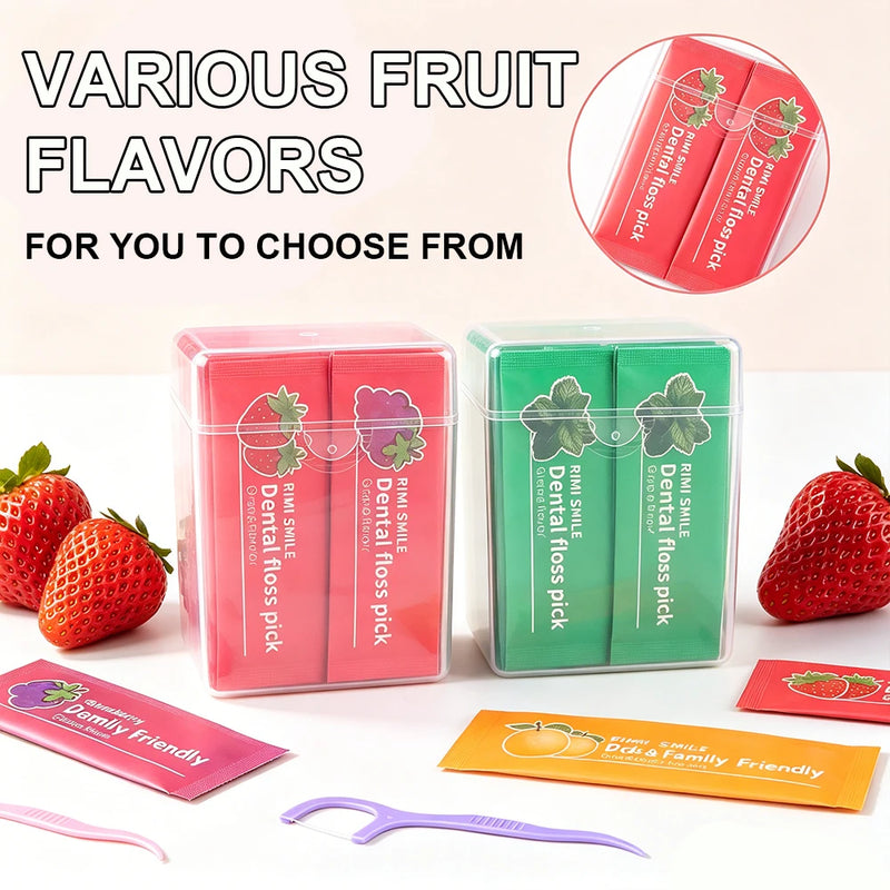 4 Fruit Flavors Individually Wrapped Dental Floss Picks, Mint Strawberry Orange Grape Disposable Floss Sticks, Smooth Flexible