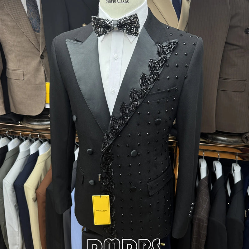 2-piece Luxury Suit Set for Men, Jacket and Pants Double Breasted Suit Blazer Beaded Slim Fitting Costume for Groom