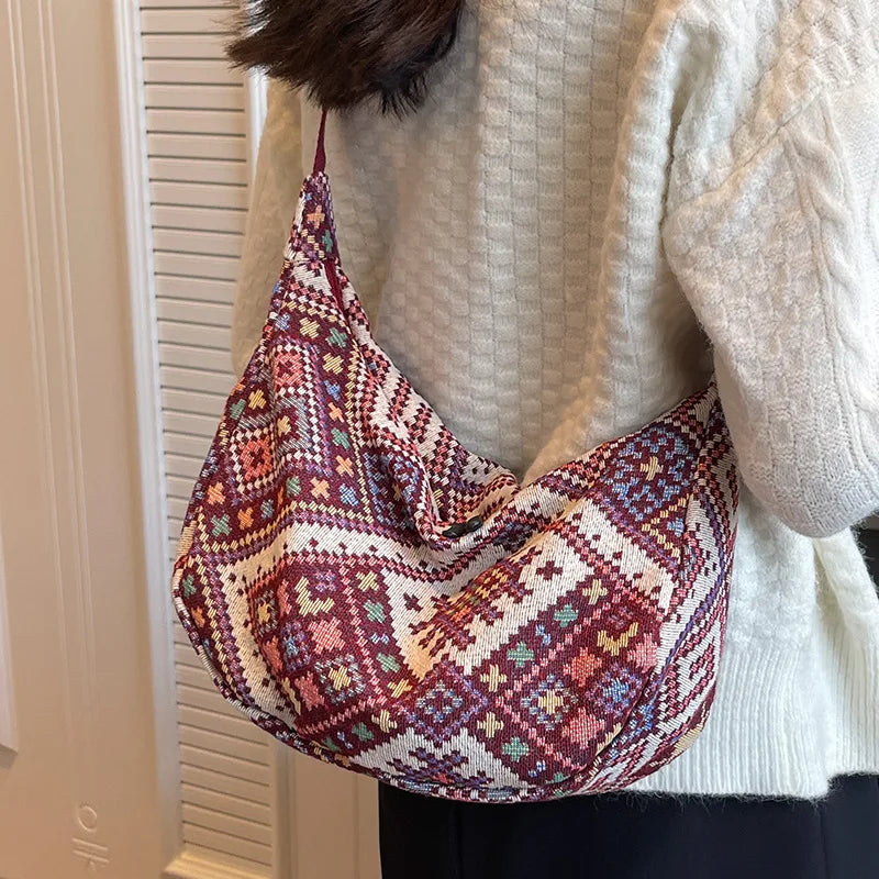 Vintage Female Shoulder Messenger Bag Trend Simple Zipper Handbags Ethnic-Style Canvas Shoulder Bag Small Tote Crossbody Bags