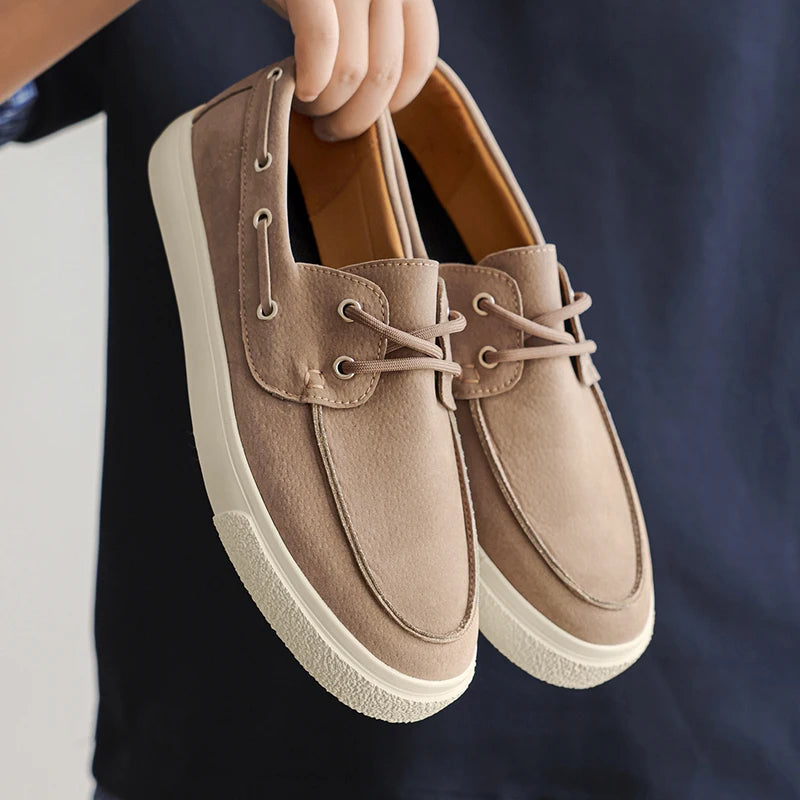 Men's Casual Loafers Shoes Fashion Thick Sole Suede Leather Boat Shoes Non-Slip Breathable Comfortable Slip-On Sneakers for Men