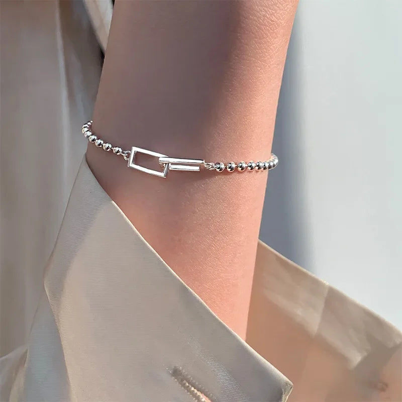 925 Sterling Silver Geometric Square Round Bead Bracelet For Women Personality Temperament Simple Hand - Visuel 6 | SAMAG