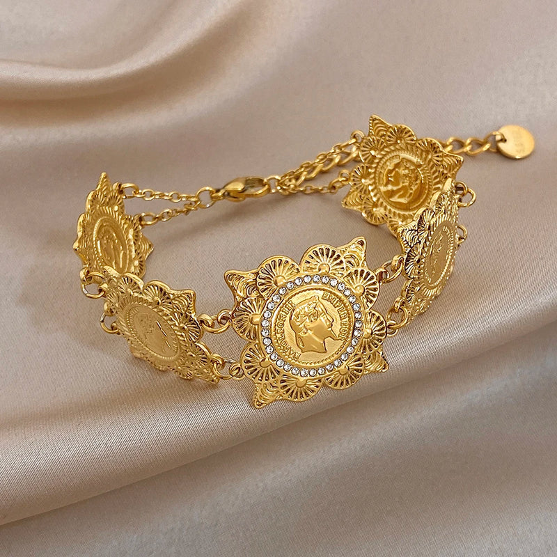 Vintage Gold Plated Stainless Steel Coins Wrist Bracelet for Women Men Classic Ethnic Cuff Bracelets Waterproof Jewelry