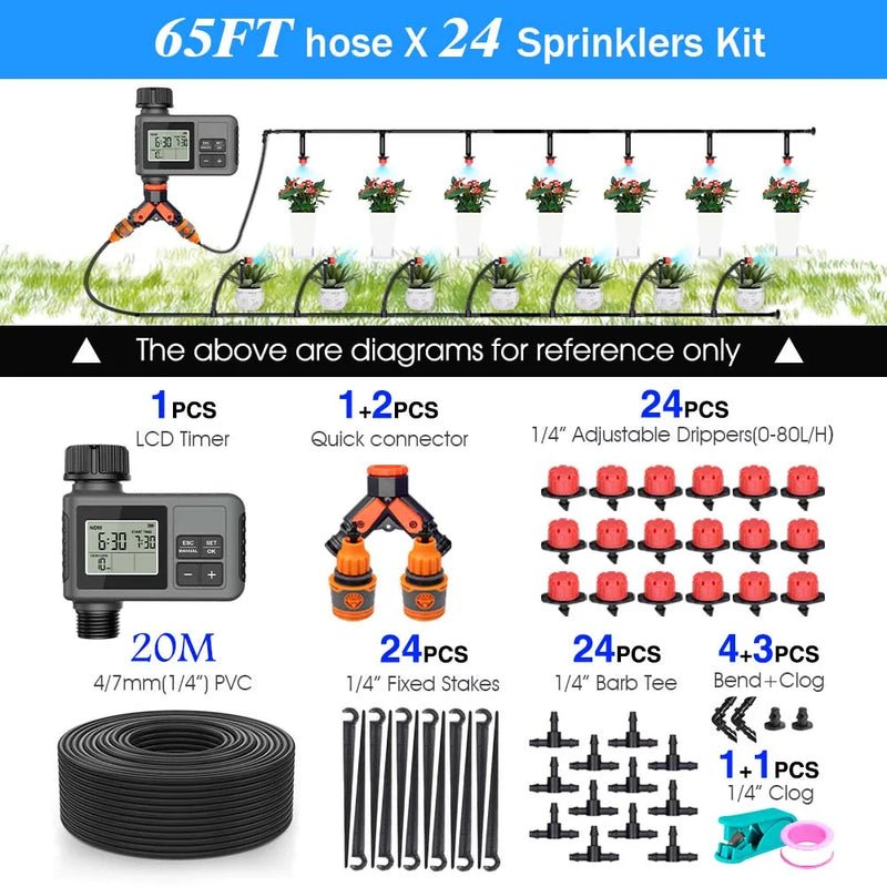 30-5m Garden LCD Button Timer Irrigation Set 0-80L/H Rotating Adjustable Nozzle Intelligent Display Automatic Watering System