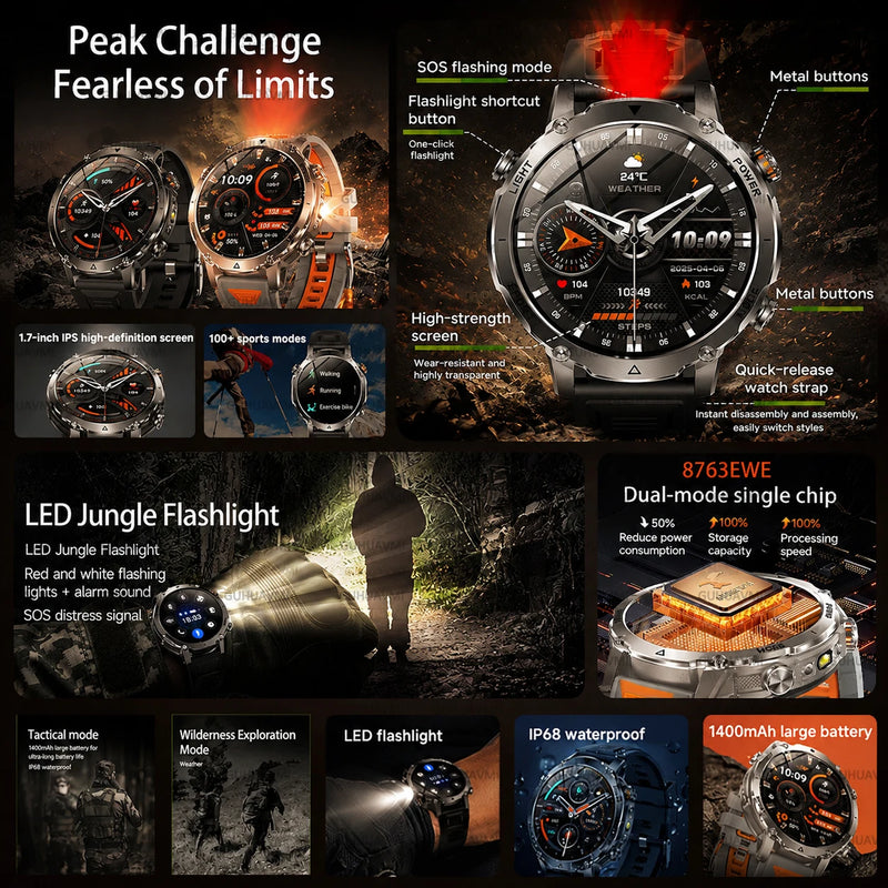 New 1400mAh Battery Sports Smart Watch 1.7” SOS+Flashlight Exercise Record Bluetooth Call Waterproof Health Watch For Android iO