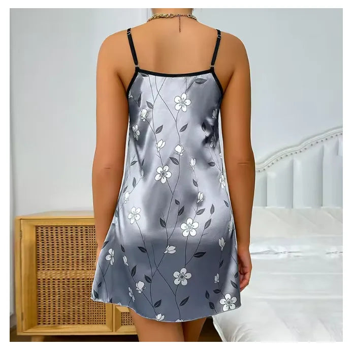 Women's Sleepwear Summer Floral Print Satin Nightgown | SAMAG