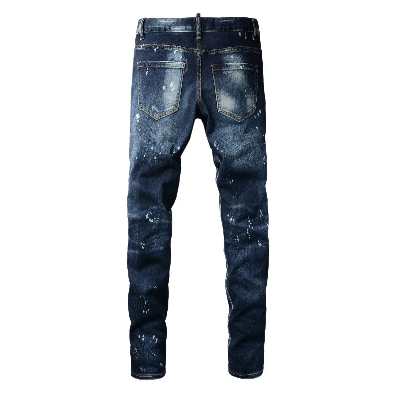 Men Holes Patchwork Denim Jeans Streetwear Dark Blue | SAMAG