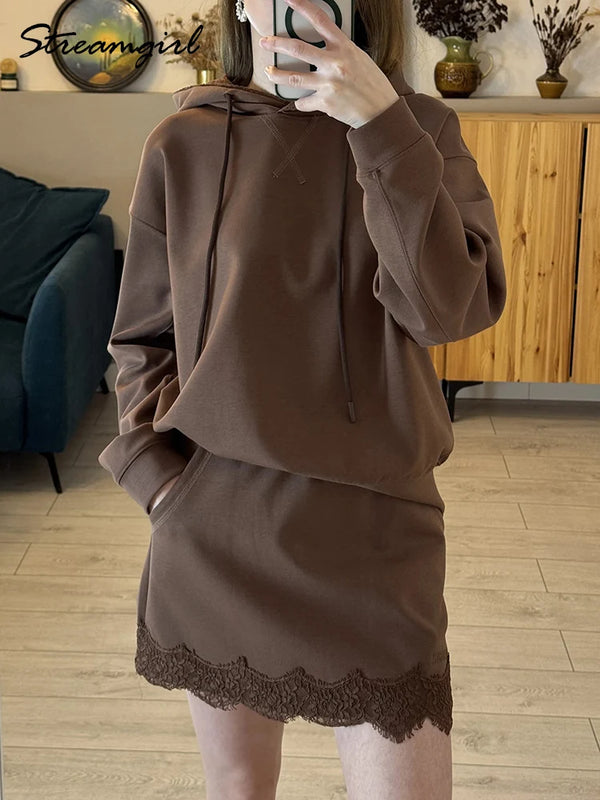 Brown Sweatshirts And Skirt Sets Ladies Elegant Officewear Skirt Suit With Lace 2 Pieces Hoodie Set With Skirt Women Autumn