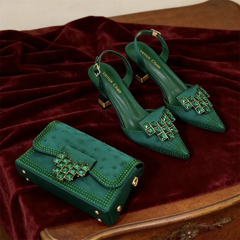 2026 INS Italian Design Olive Green Rhinestone Pointed-Toe Women's High Heels & Matching Bag Set - Ideal for Parties & Weddings