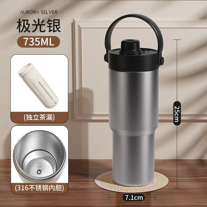 735ML Tumbler with Straw Portable Handle Cold Coffee Thermos  24OZ  316 Stainless Steel Inner nsulated Travel Mug Water Bottle