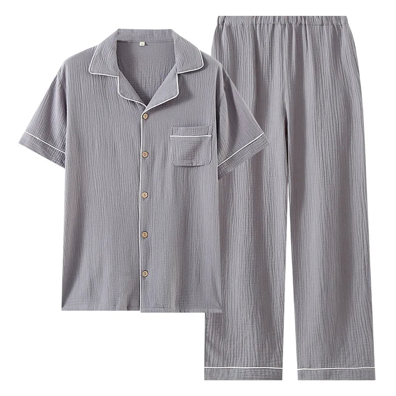 Sleepwear Pajama Male Pajamas Summer Men's Pure Cotton Set Short-sleeved  Long Pants Japanese-style Home Wear Large Size Casual