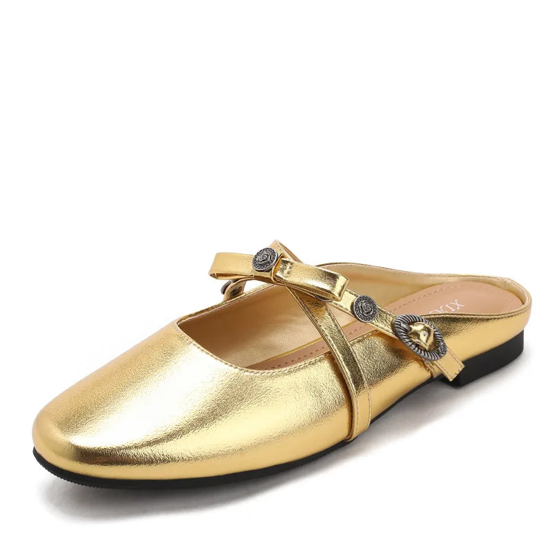 ZAROY Luxury Gold Women Mules Square Toe PU Leather Summer Slip On Baotou Slippers Beach Flat Sandals Cozy Mules Slides Shoes
