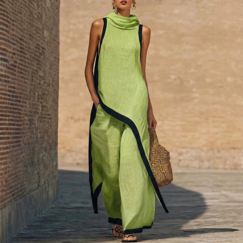 2026 New European American Women's Two-Piece Set: Solid Sleeveless Blouse with High Waist Pants, Elegant Casual Matching Outfit
